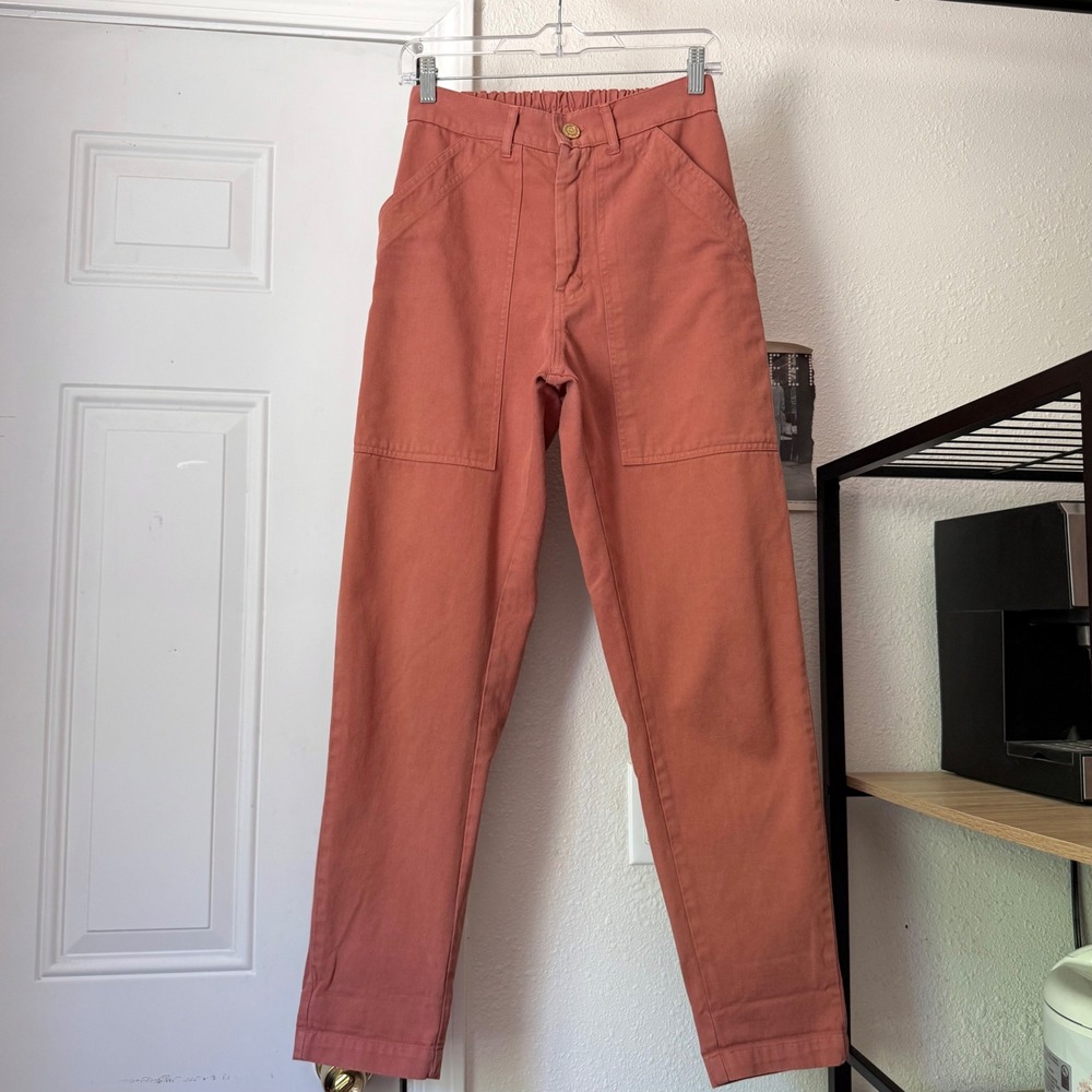BIG BUD PRESS peach salmon straight leg pull on cotton trousers pants